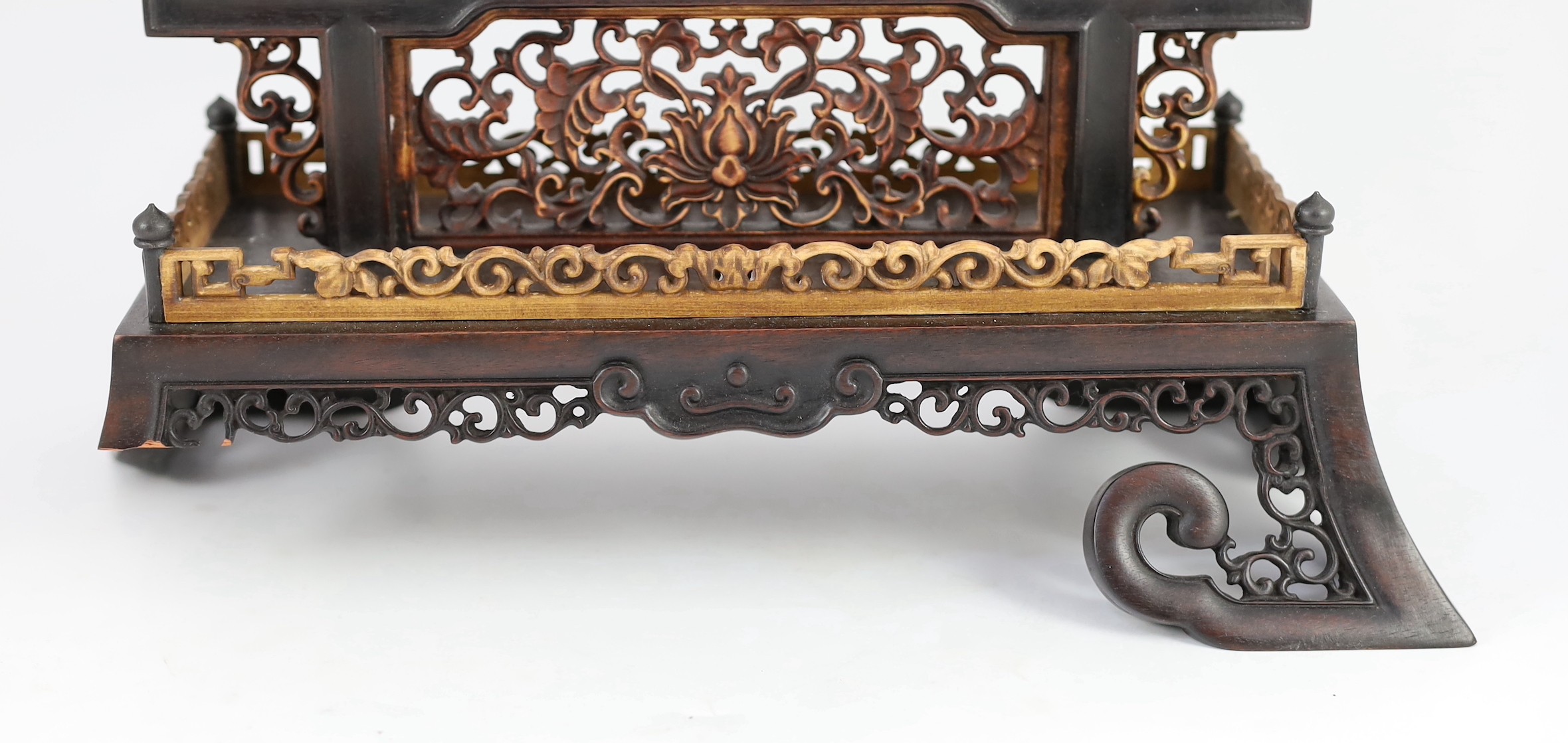 A Chinese cloisonné enamel, hardstone and mother-of-pearl mounted table screen, 42cm high 37cm wide, one foot lacking